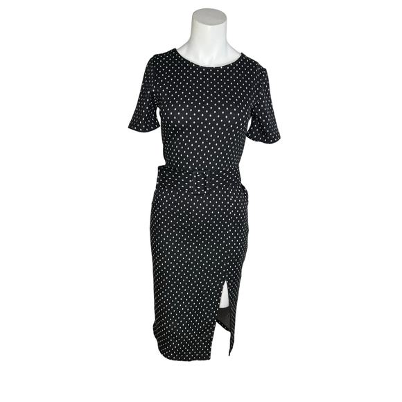 Zara Dress Women's Small Black Short Sleeve Belted Polka Dot Midi - Picture 4 of 4